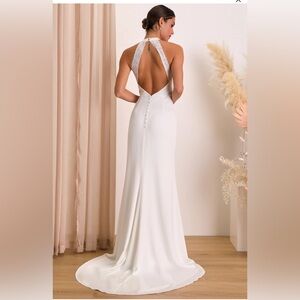 Lulu’s Radiant Adoration White Satin Lace Backless Halter Maxi Dress Medium